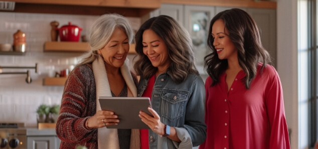 Three Women Looking At A Tablet Dish voice remote on a table